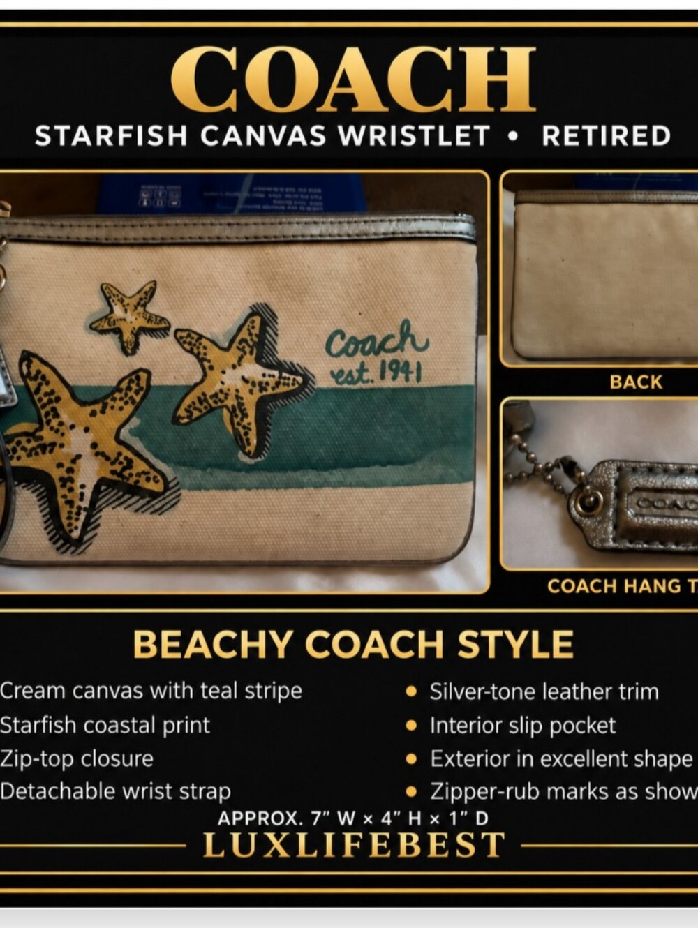 Coach Retired Starfish Canvas Wristlet Cream Teal Beach Coastal HTF